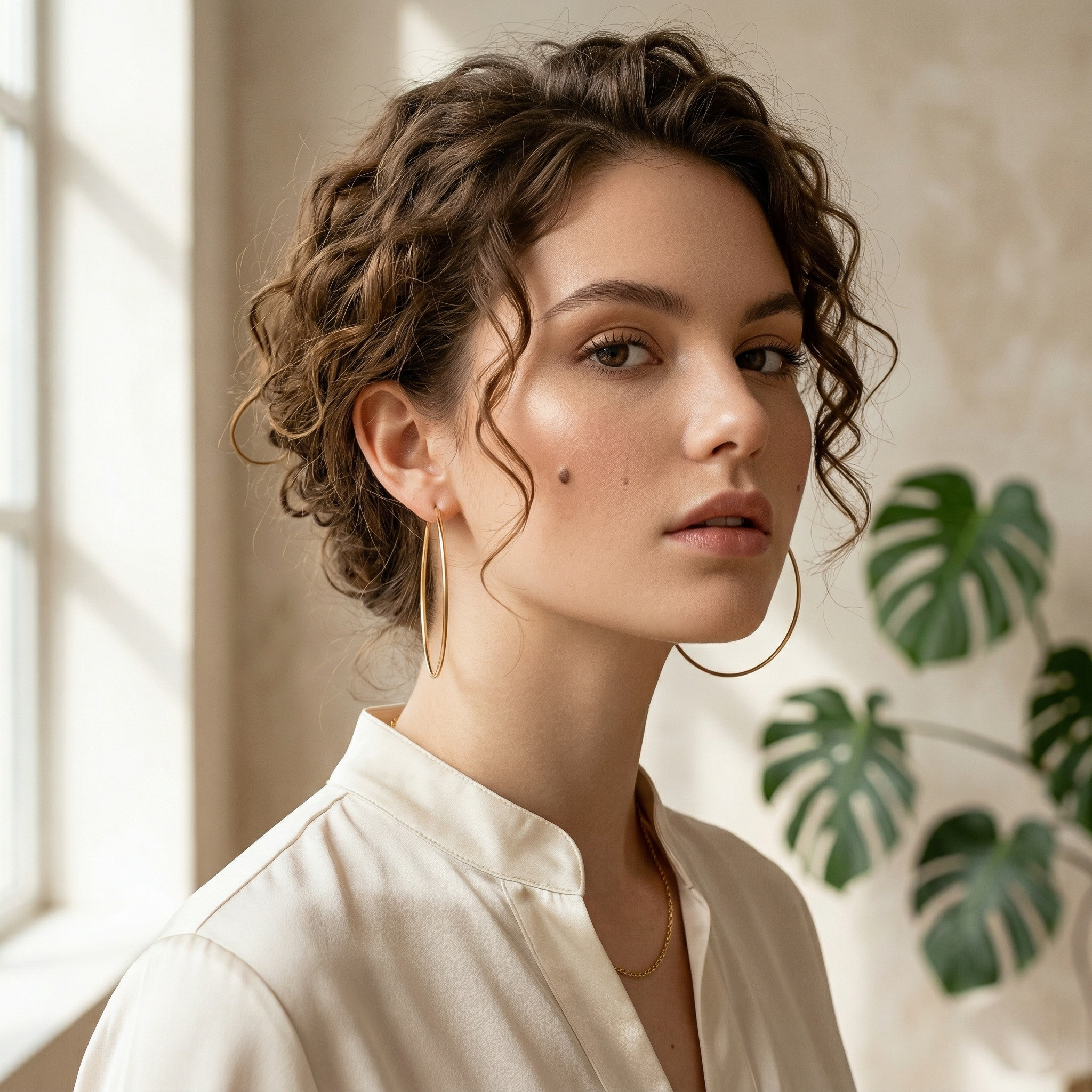 Beige minimal top for women with gold hoop earrings in modern western wear category