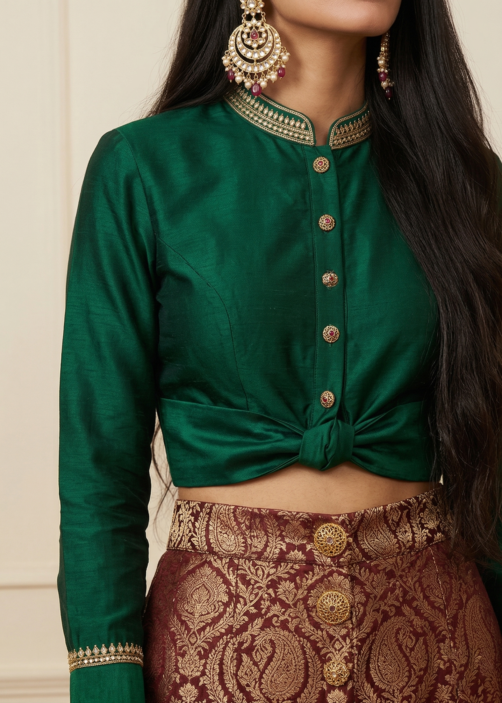 Indo western green crop top with brocade skirt for festive wear women